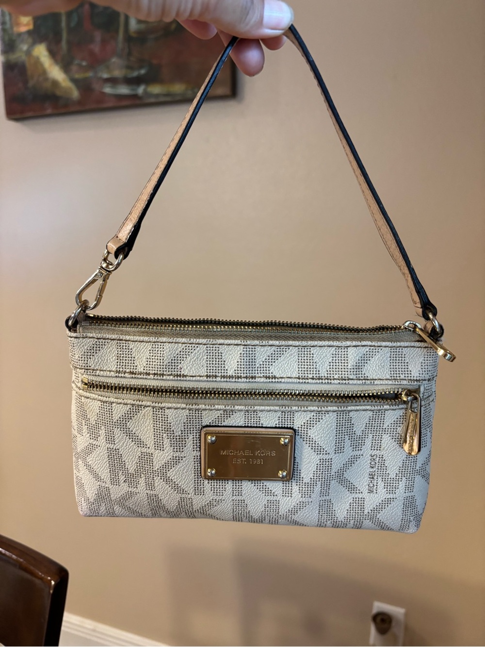 Michael Kors Beige/White Signature Logo Wristlet with Gold Hardware